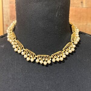 Trifari Vintage 1950s Faux Pearl Rhinestone Gold Tone Collar Necklace